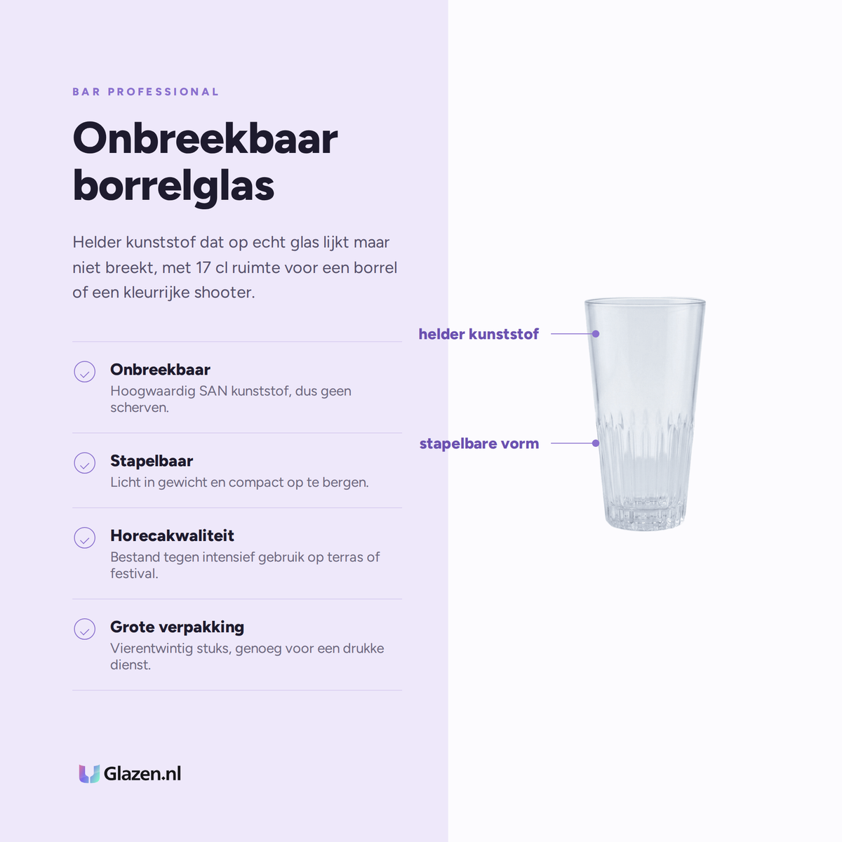 Eigenschappen van de Bar Professional Milano Borrelglas Kunststof 17 Cl - 24 Stuks