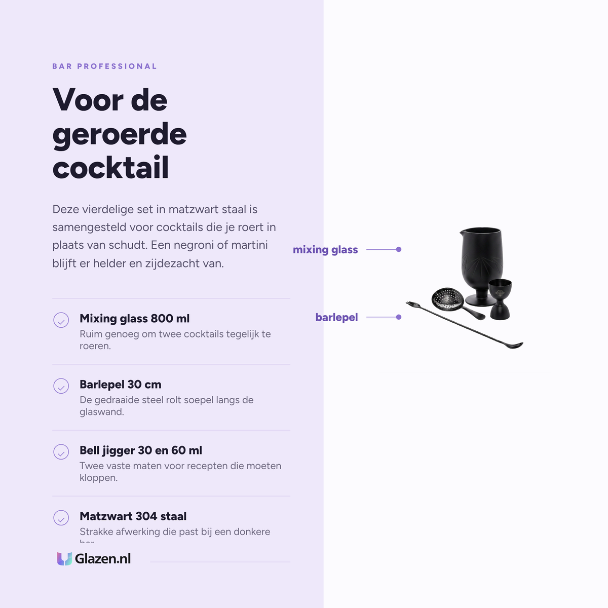 Eigenschappen van de Bar Professional Speakeasy Mixing Set Zwart 4-Delig