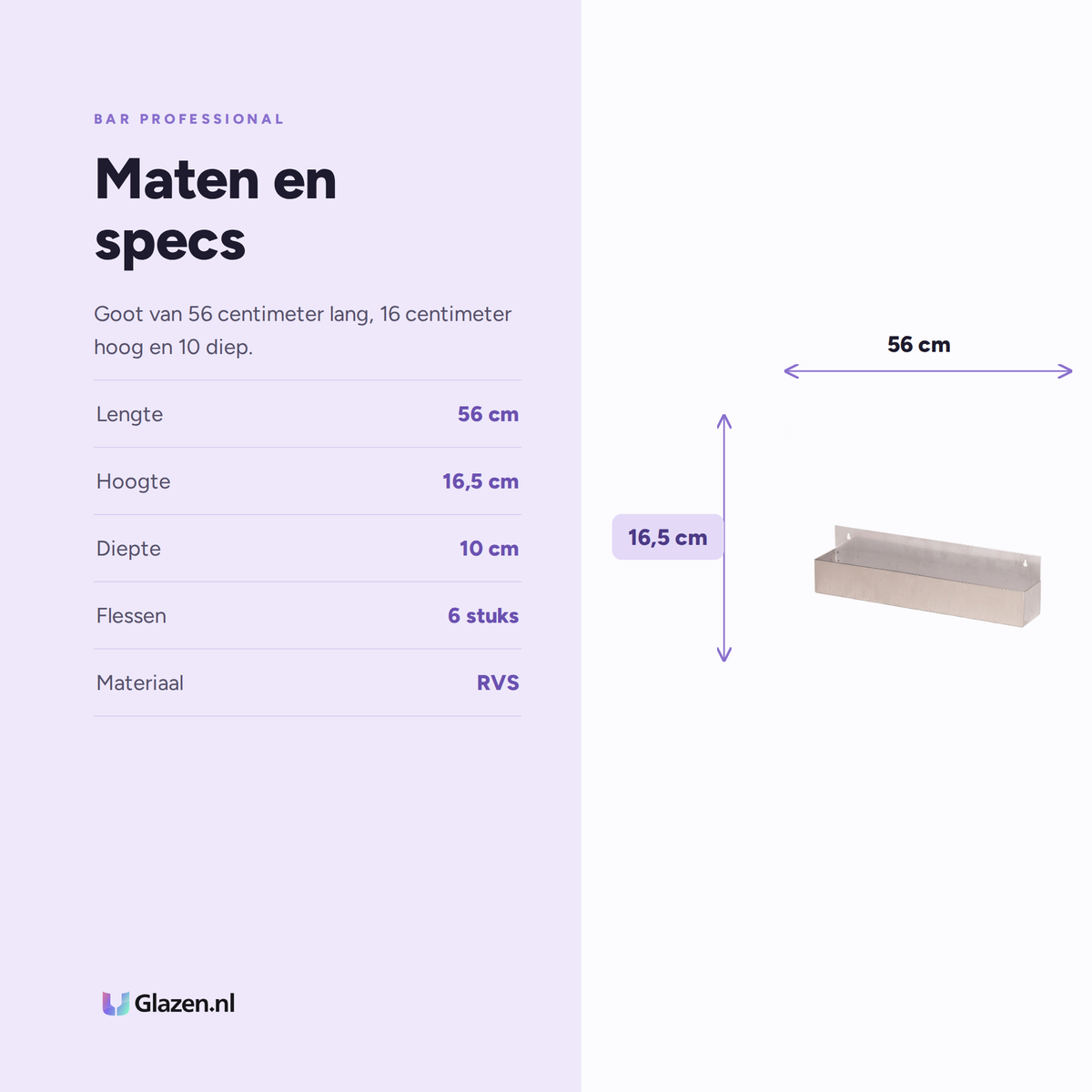 Maten en specificaties van de speedrail voor zes flessen van RVS van Bar Professional