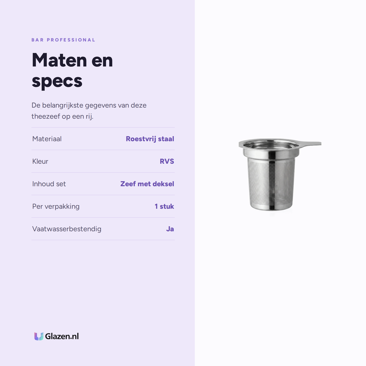 Maten en specificaties van Bar Professional Theezeef RVS met Deksel