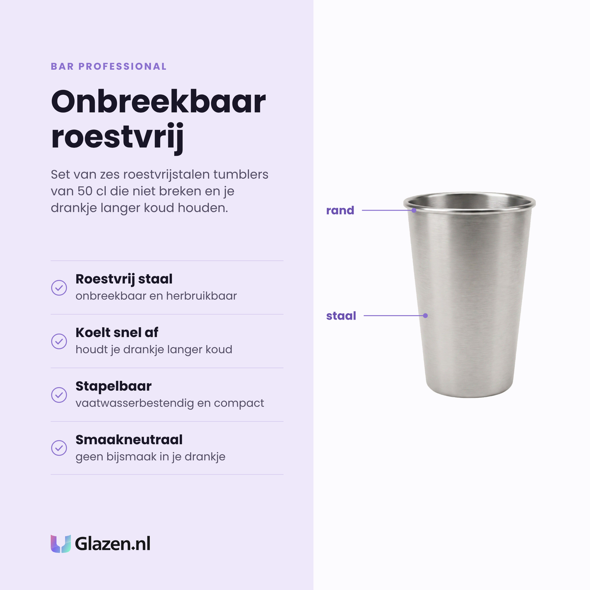 Bar Professional tumbler 50 cl eigenschappen: roestvrij staal, houdt drank koud, vaatwasserbestendig, smaakneutraal