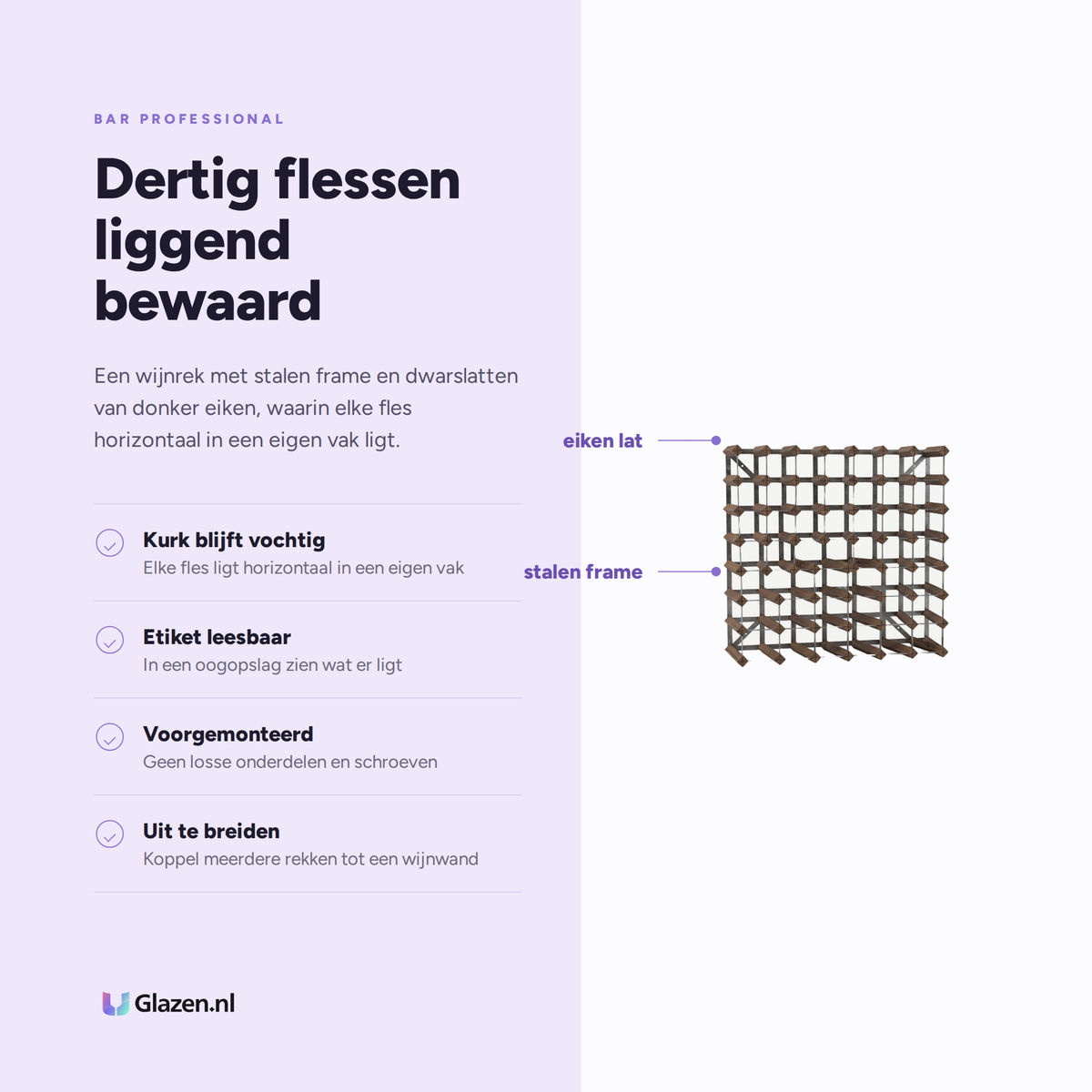 Eigenschappen van het wijnrek voor dertig flessen in donker eiken van Bar Professional