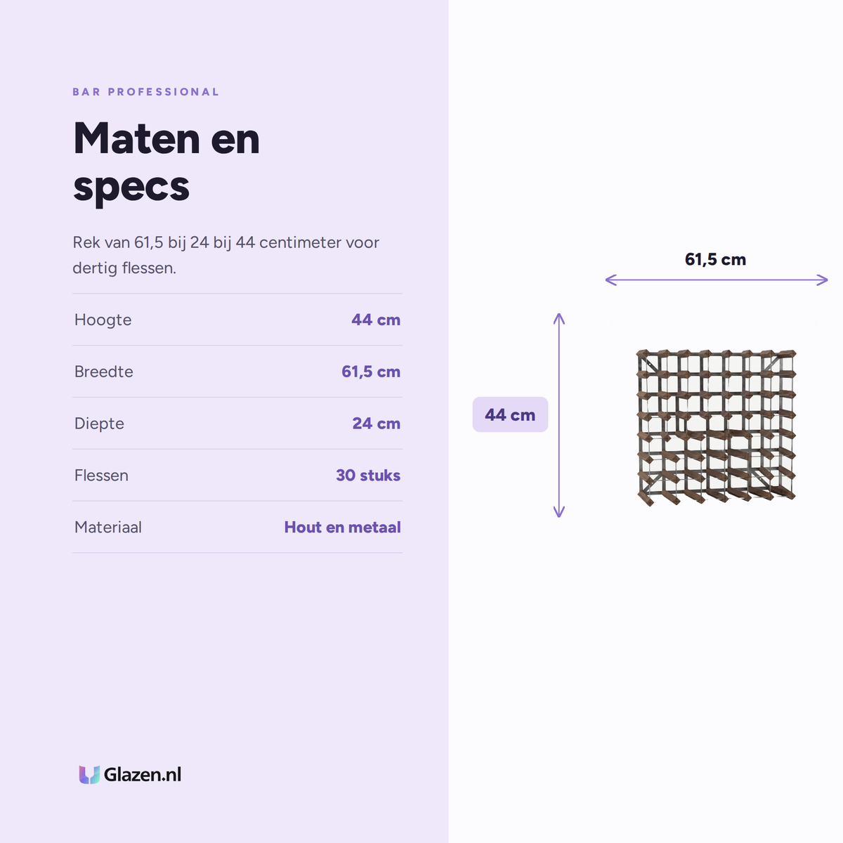 Maten en specificaties van het wijnrek voor dertig flessen in donker eiken van Bar Professional