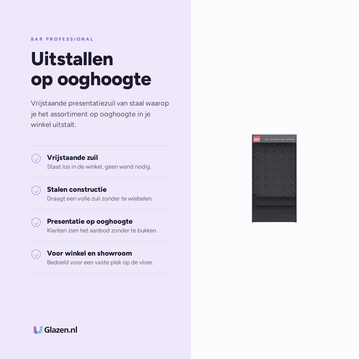 Infographic met de eigenschappen van Bar Professional Winkeldisplay Presentatiezuil