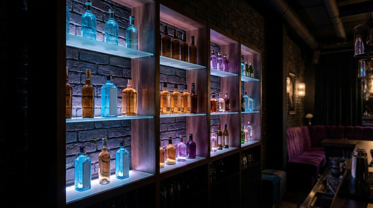 Verlichte LED flessenplank in een donkere bar met flessen die van onderaf oplichten