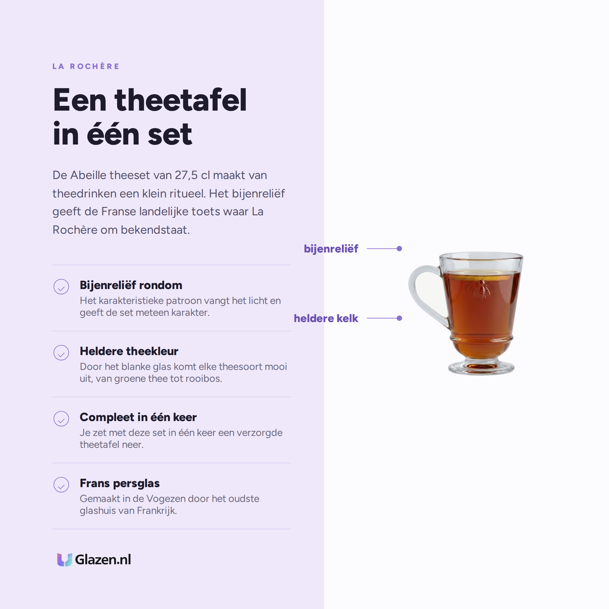 Infographic met de eigenschappen van La Rochère Abeille Theeset 27,5 cl