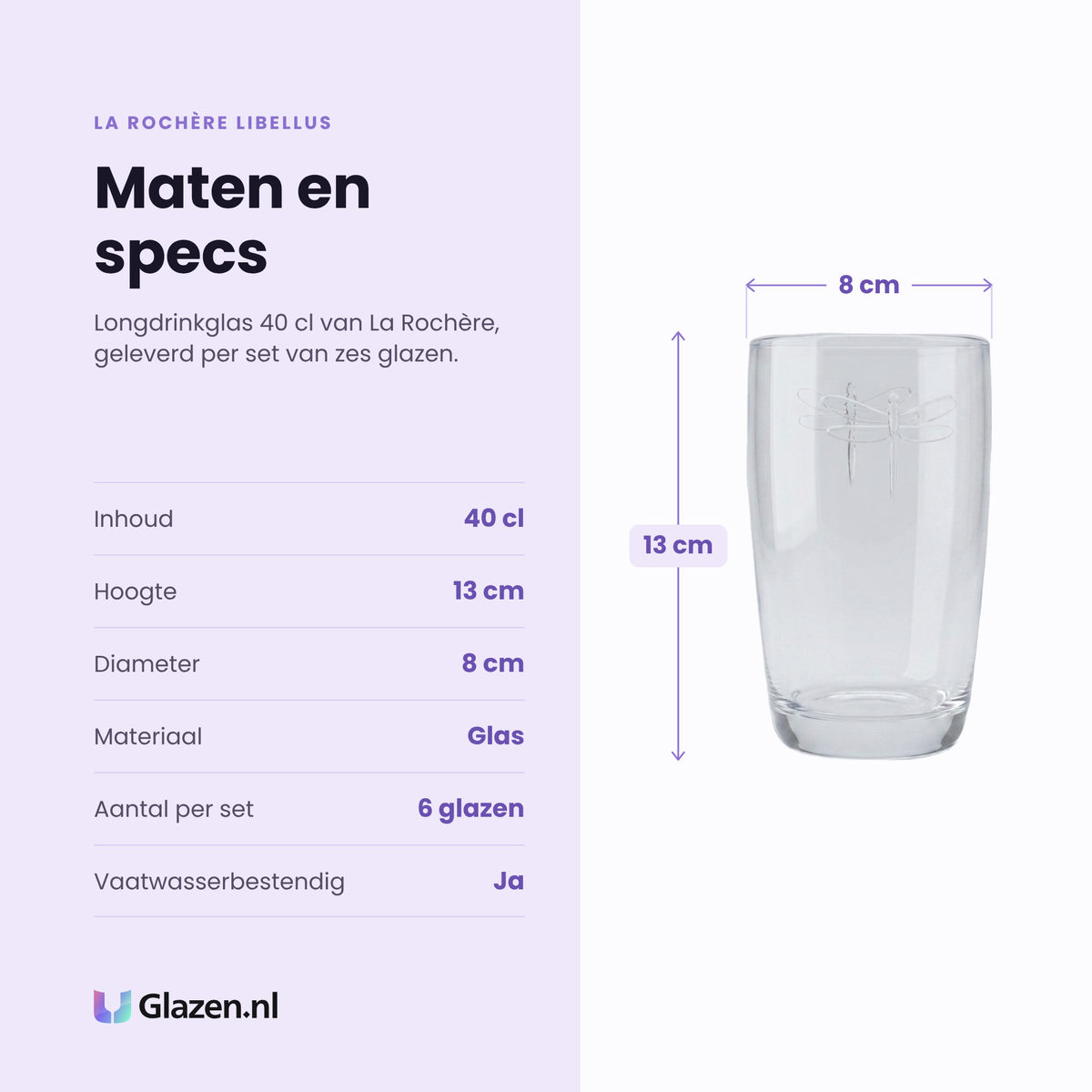 La Rochère Libellus longdrinkglas 40 cl specificaties: inhoud 40 cl, hoogte 13 cm, diameter 8 cm, glas, set van 6