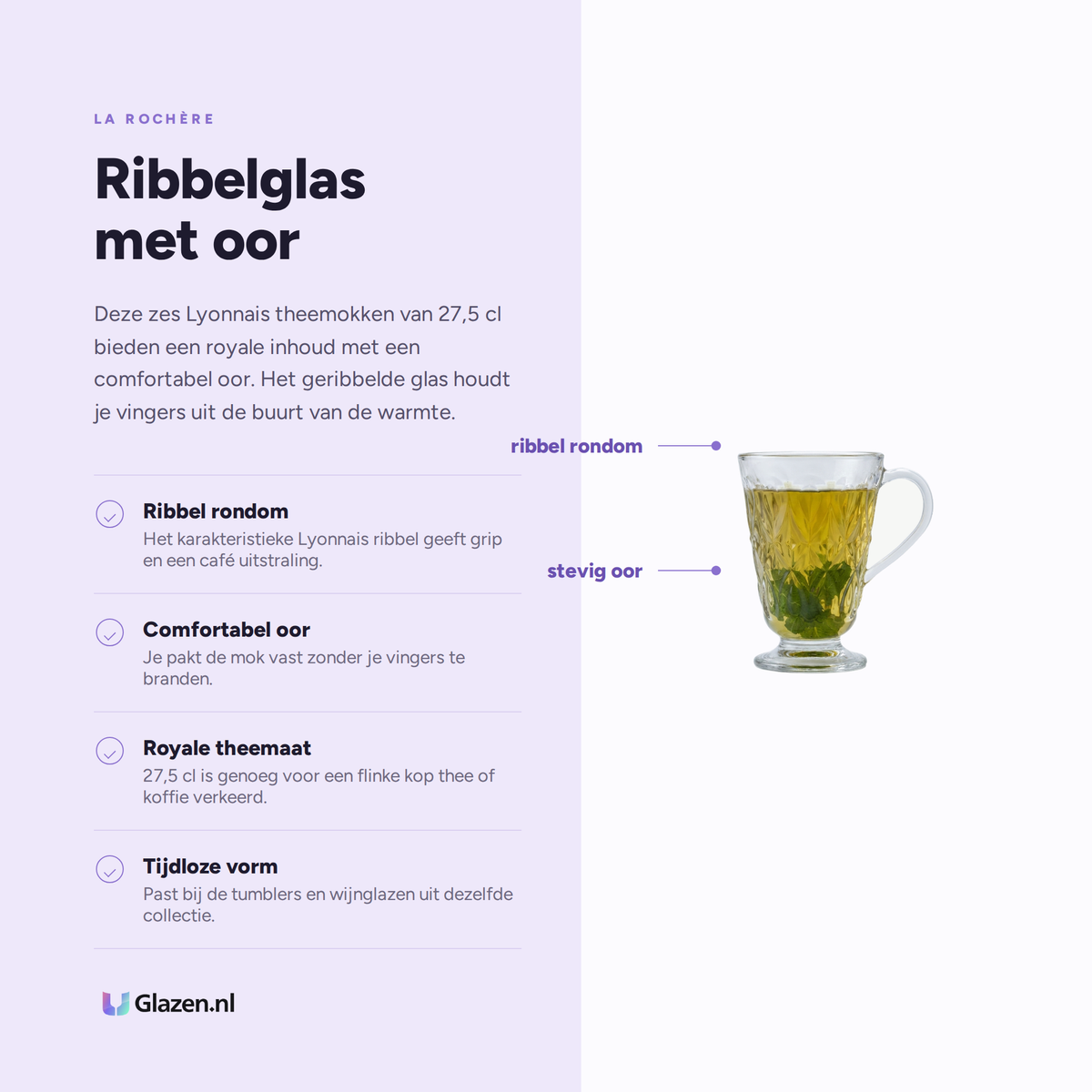Infographic met de eigenschappen van La Rochère Lyonnais Theemok 27,5 Cl - 6 Stuks