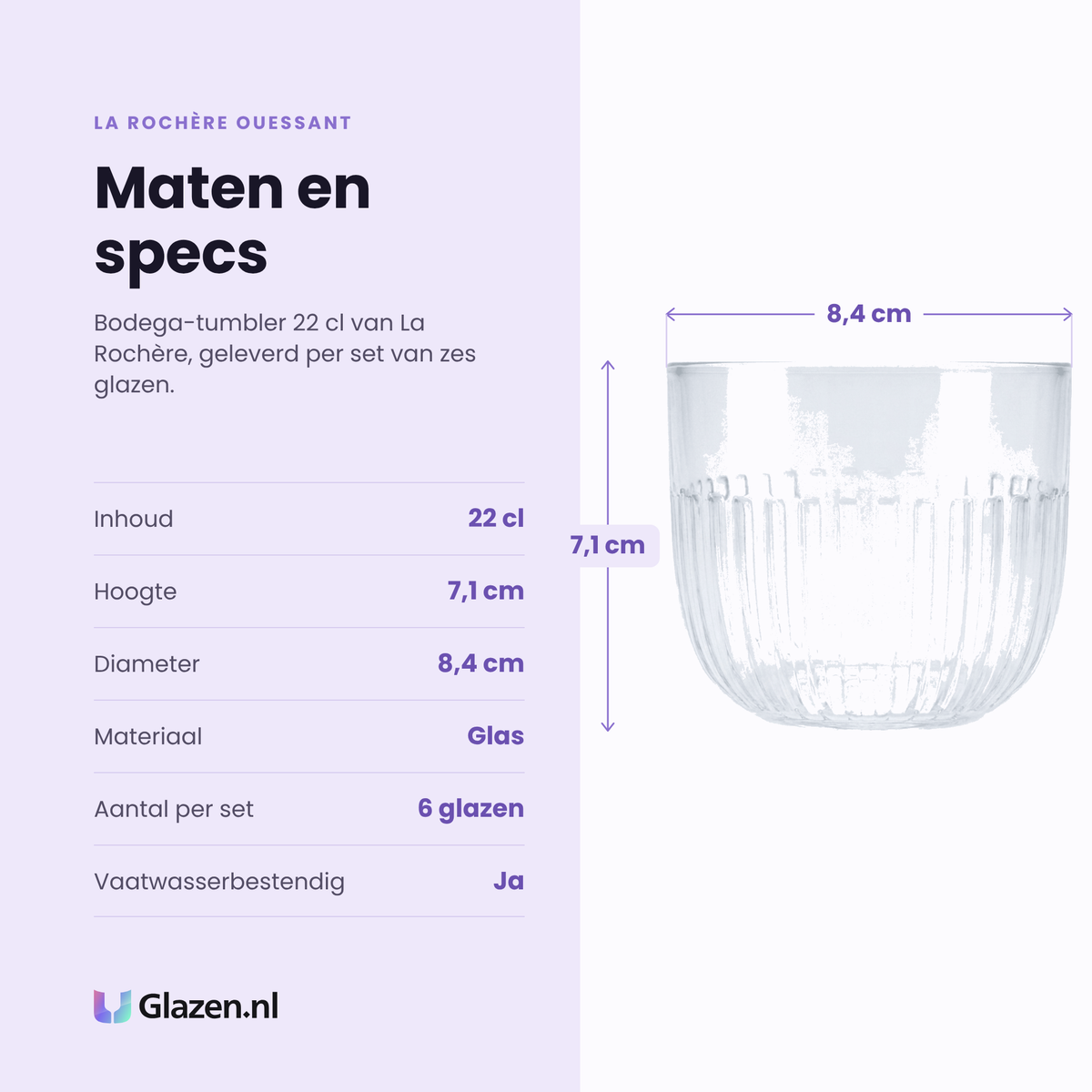 La Rochère Ouessant bodega-tumbler 22 cl specificaties: inhoud 22 cl, hoogte 7,1 cm, diameter 8,4 cm, glas, set van 6