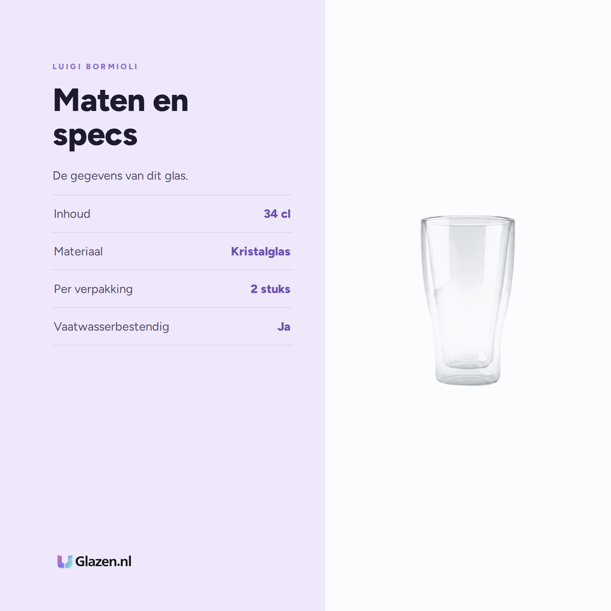 Maten en specs van de Luigi Bormioli Thermic Glass Koffieglas 34 Cl Latte Macchiato - 2 Stuks