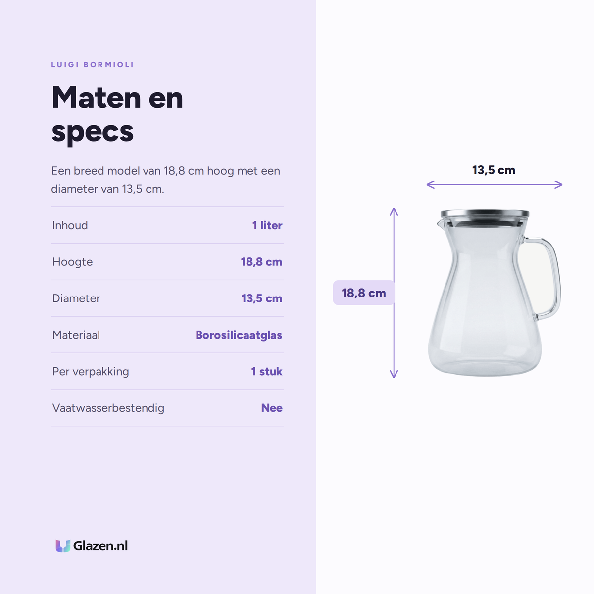 Luigi Bormioli Thermic Glass Koffiemaker 1L specificaties: inhoud 1 liter, hoogte 18,8 cm, diameter 13,5 cm, materiaal Borosilicaatglas, per verpakking 1 stuk, vaatwasserbestendig Nee