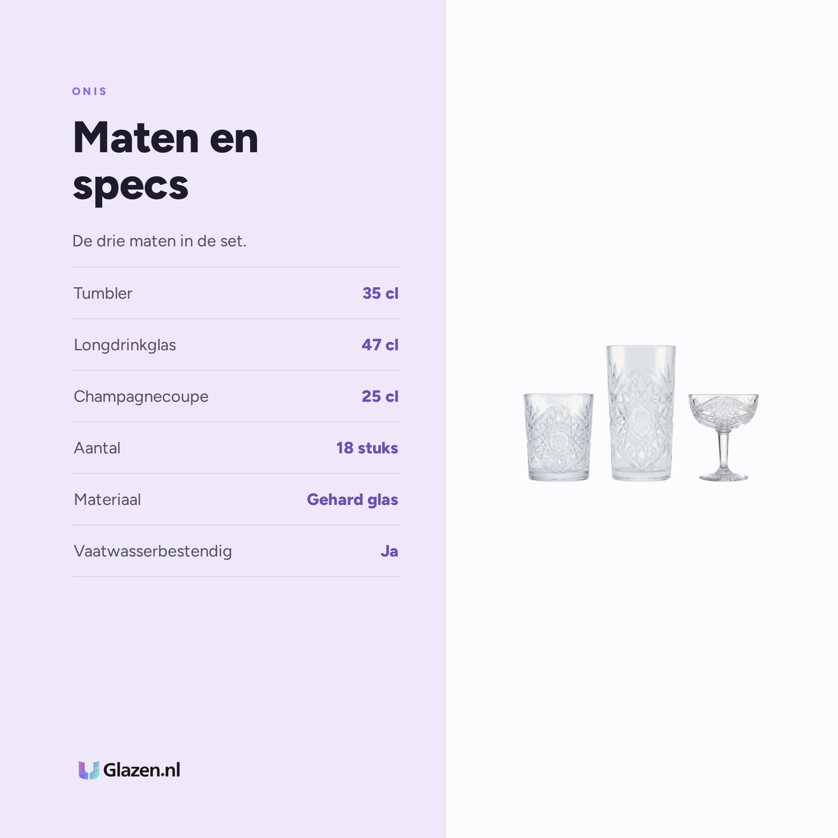 Onis Icon Glazenset 18-Delig (Tumbler, Longdrink & Coupe) maten en specs