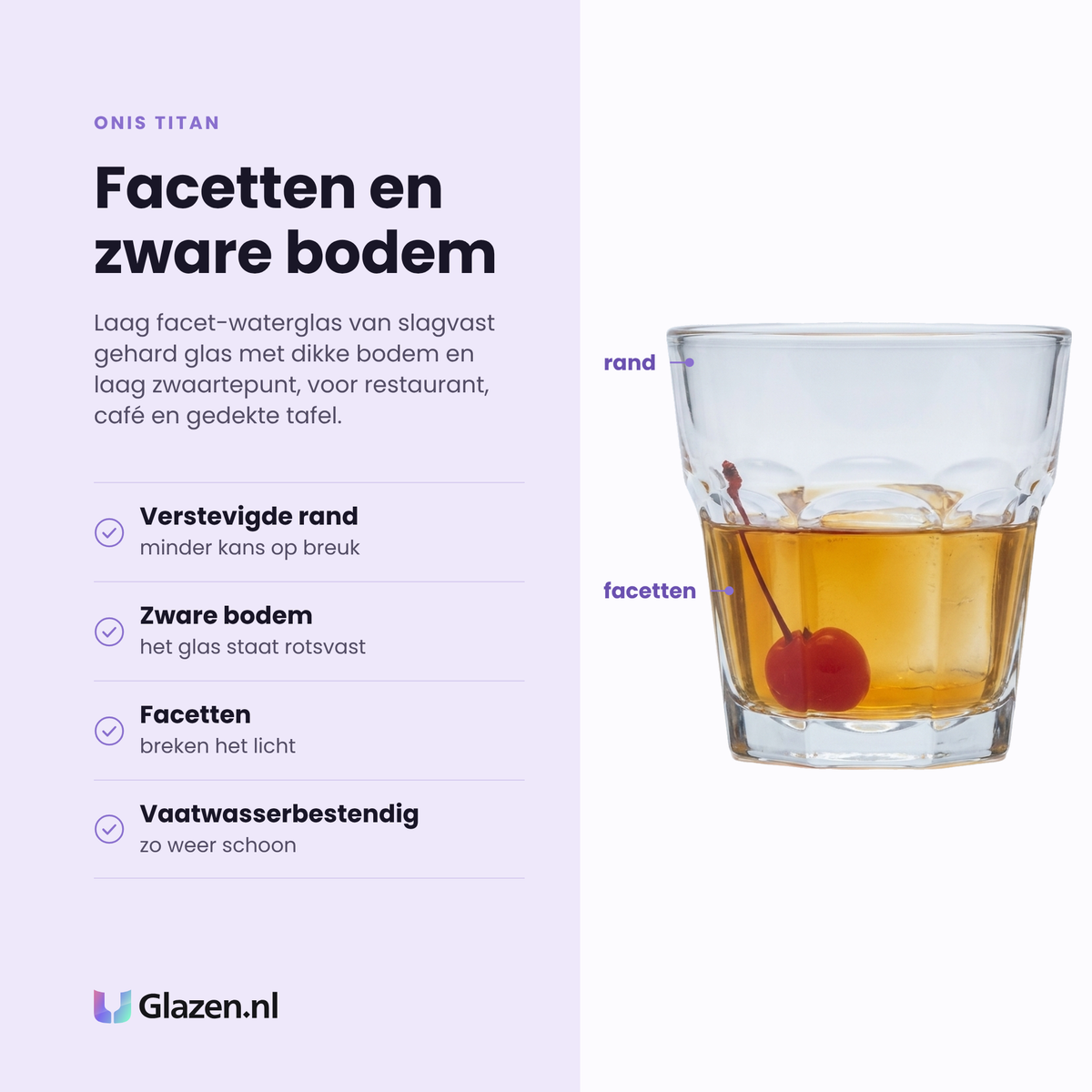 Onis Titan waterglas 20 cl eigenschappen: verstevigde rand, zware bodem, facetten breken het licht, vaatwasserbestendig