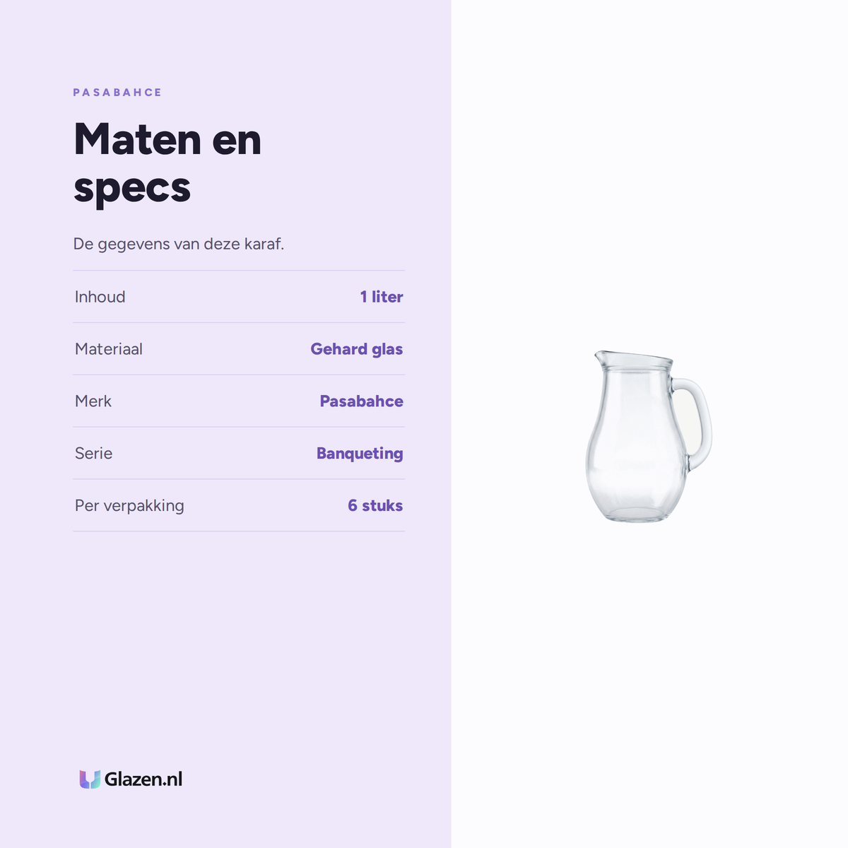 Maten en specs van Pasabahce Banqueting Karaf 1 Liter - 6 Stuks