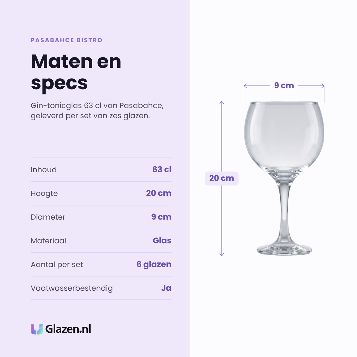 Pasabahce Bistro gin-tonicglas 63 cl specificaties: inhoud 63 cl, hoogte 20 cm, diameter 9 cm, glas, set van 6