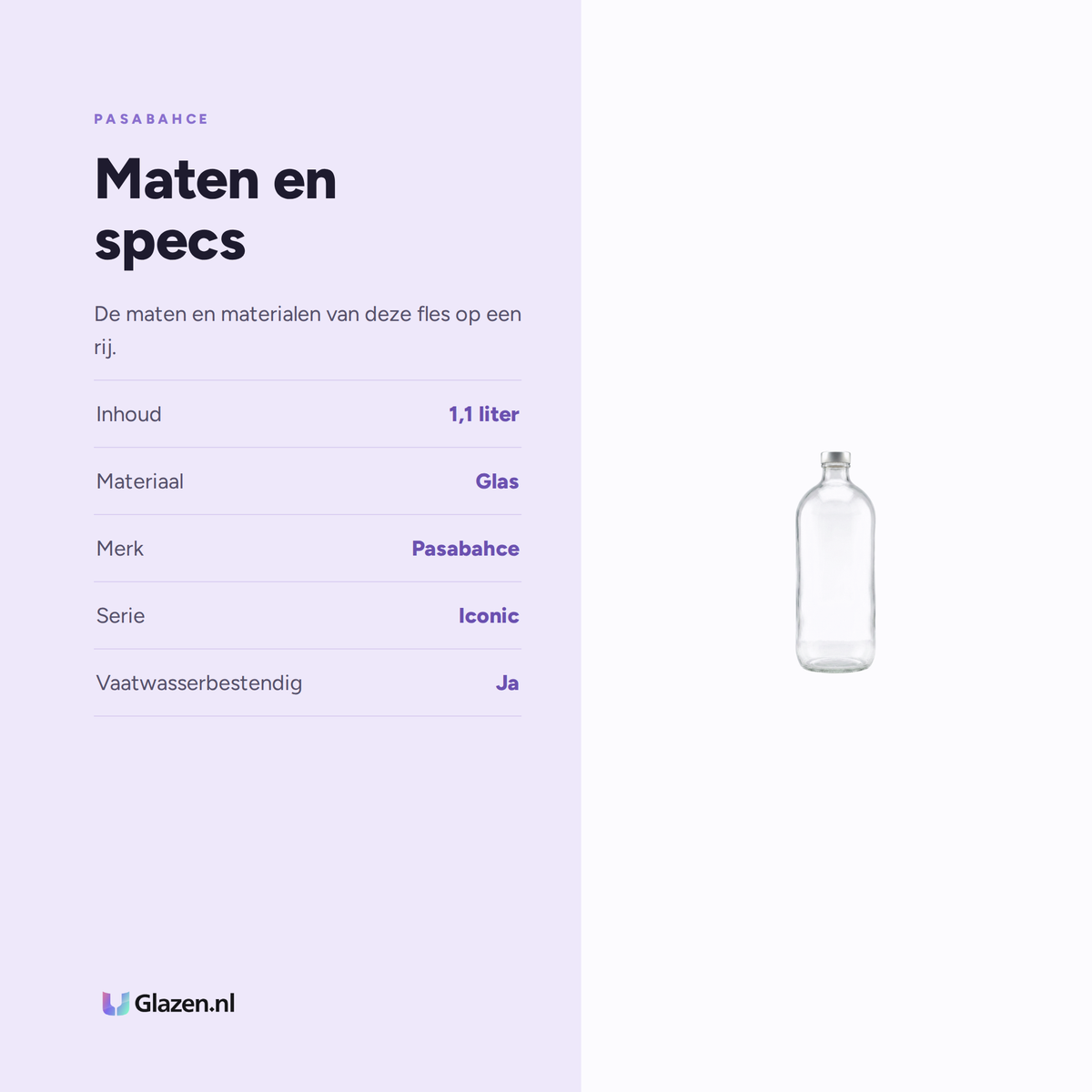 Pasabahce Iconic Fles 1,1 Liter maten en specs