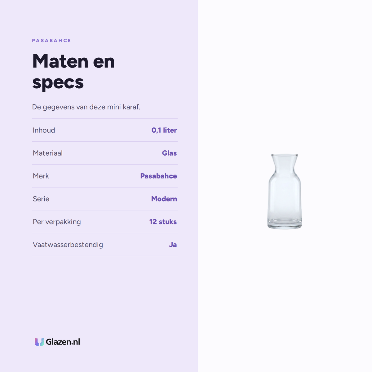 Maten en specs van Pasabahce Modern Karaf 0,1 Liter - 12 Stuks