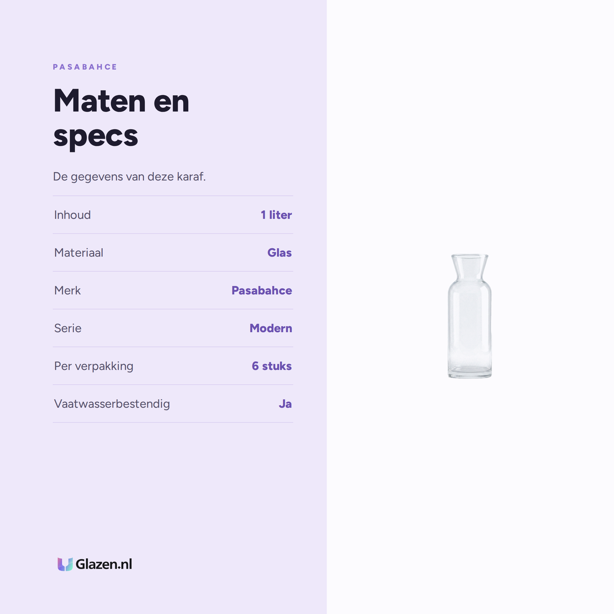 Maten en specs van Pasabahce Modern Karaf 1 Liter - 6 Stuks