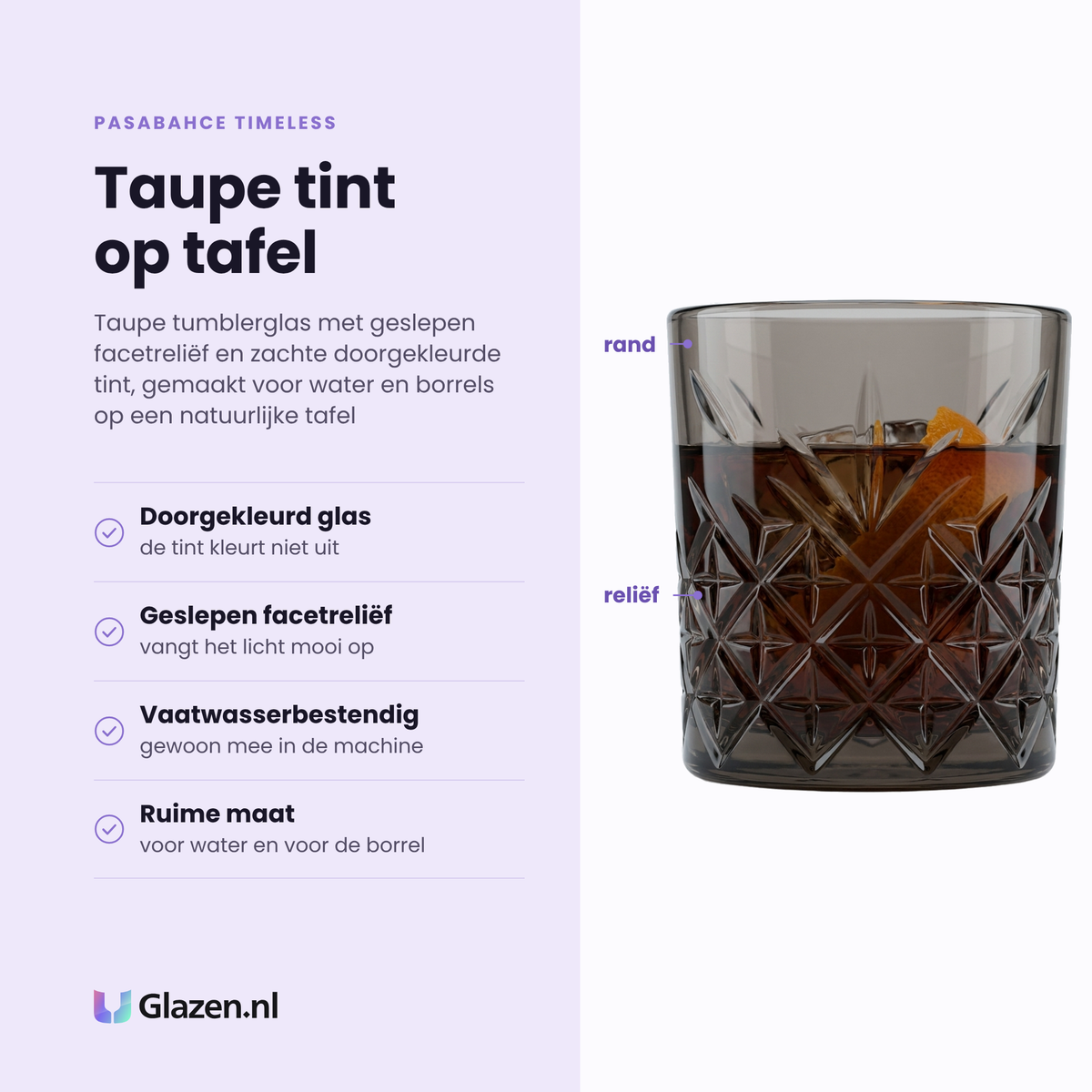 Pasabahce Timeless tumbler 34,5 cl taupe eigenschappen: doorgekleurd glas, geslepen facetreliëf, vaatwasserbestendig, ruime maat