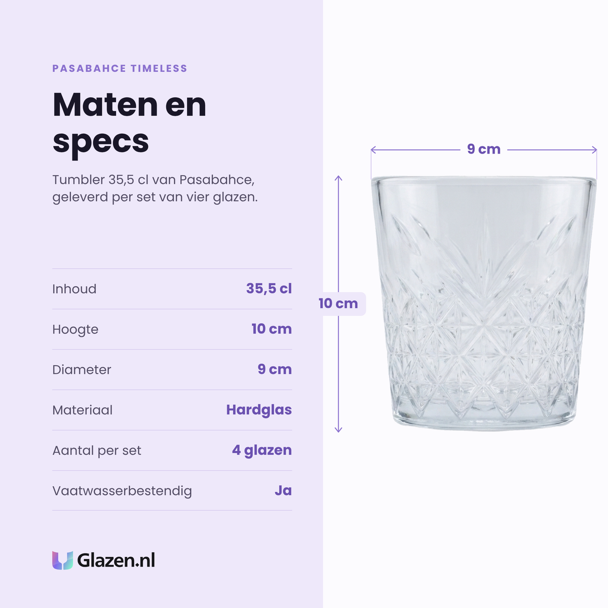 Pasabahce Timeless tumbler 35,5 cl stapelbaar specificaties: inhoud 35,5 cl, hoogte 10 cm, diameter 9 cm, hardglas, set van 4