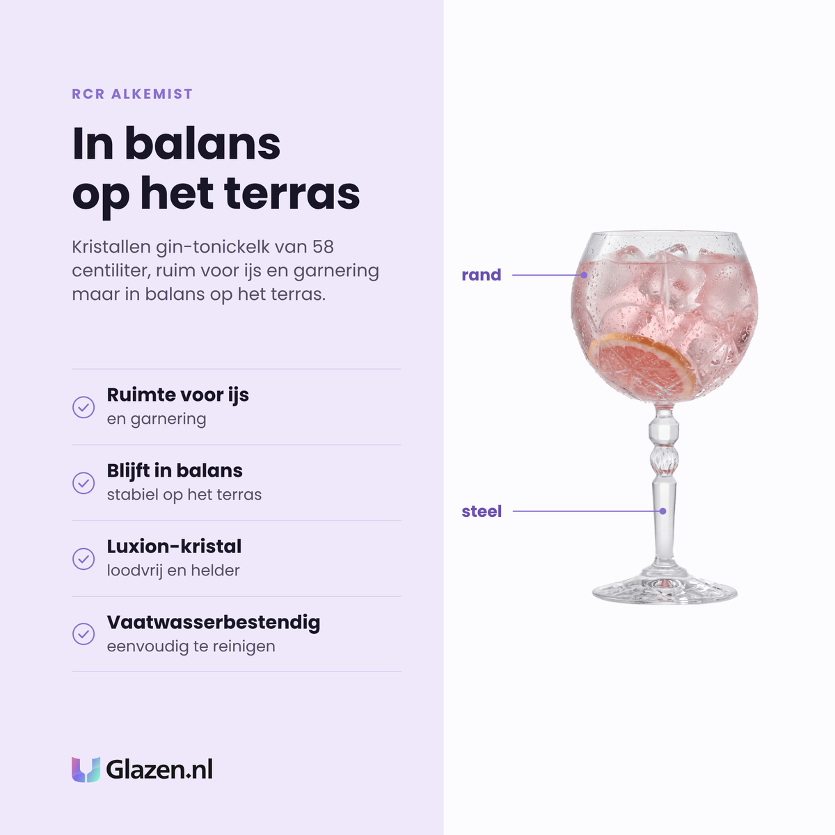 RCR Alkemist gin-tonicglas 58 cl eigenschappen: ruimte voor ijs, blijft in balans, luxion-kristal, vaatwasserbestendig