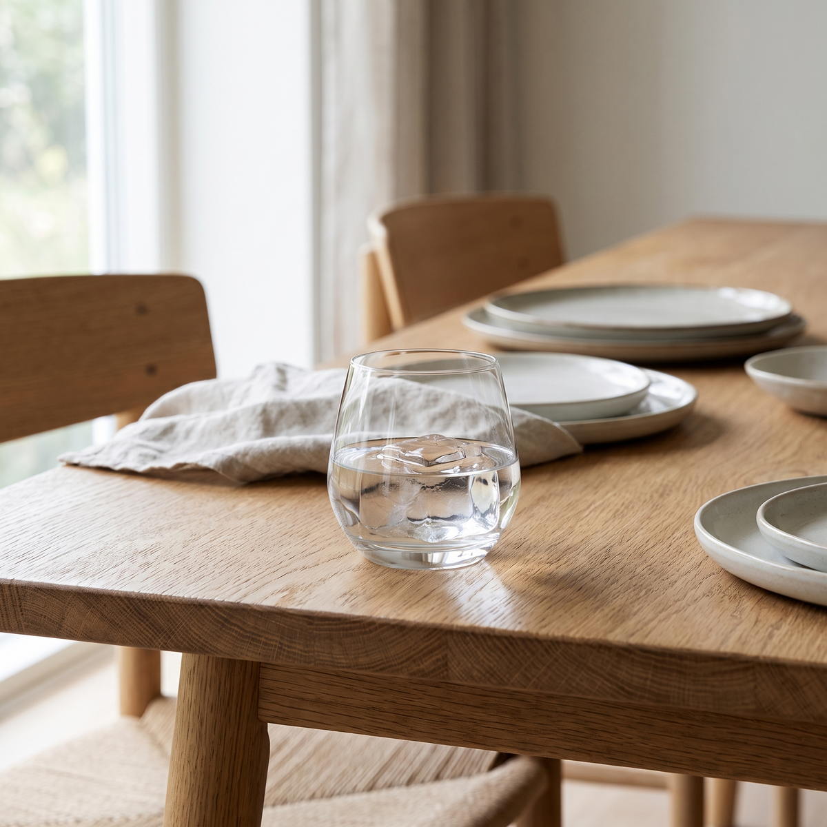 RCR Aria Tumbler 38 Cl met water op een eikenhouten eettafel