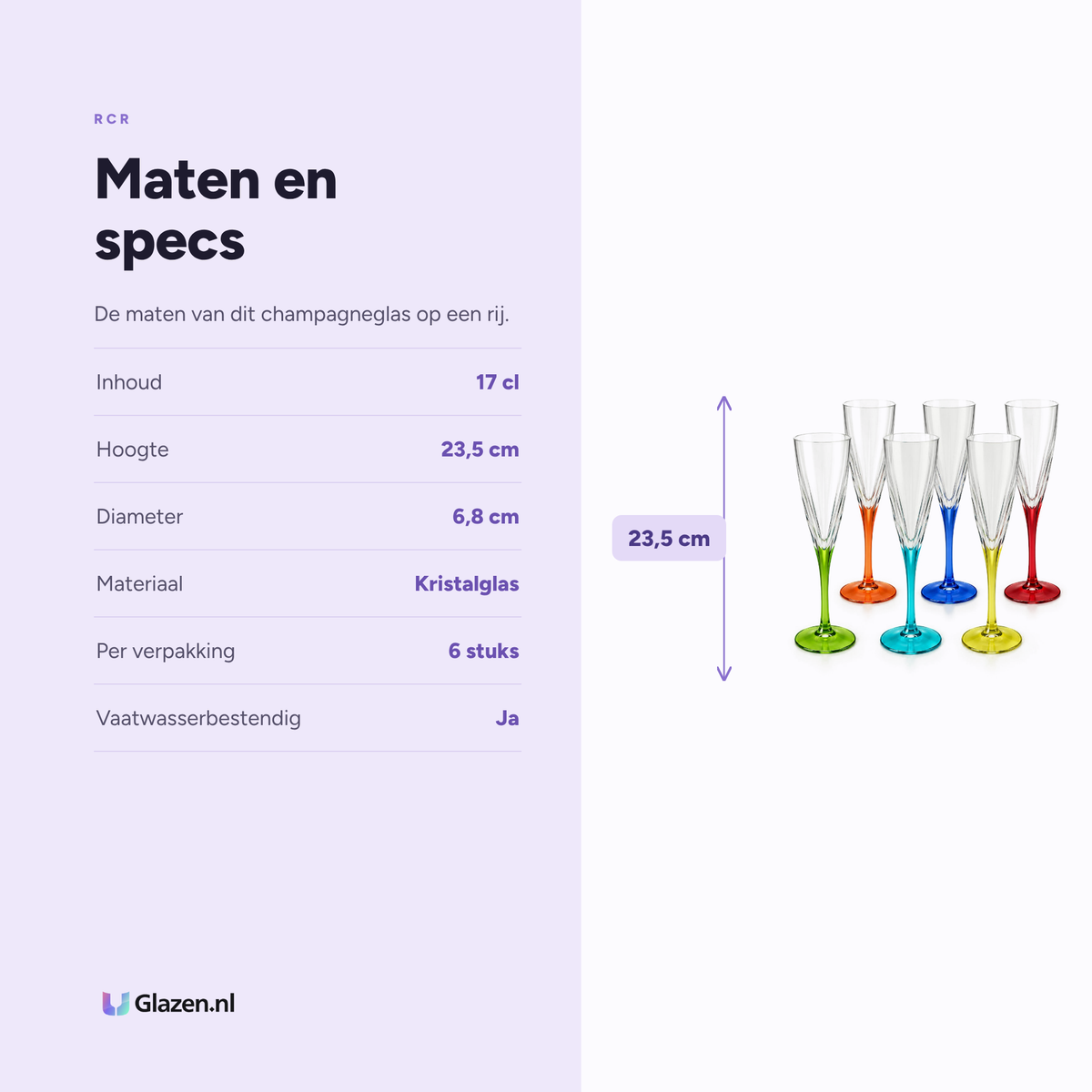 Maten en specificaties van RCR Fusion Colour champagneglas 17 cl multicolor