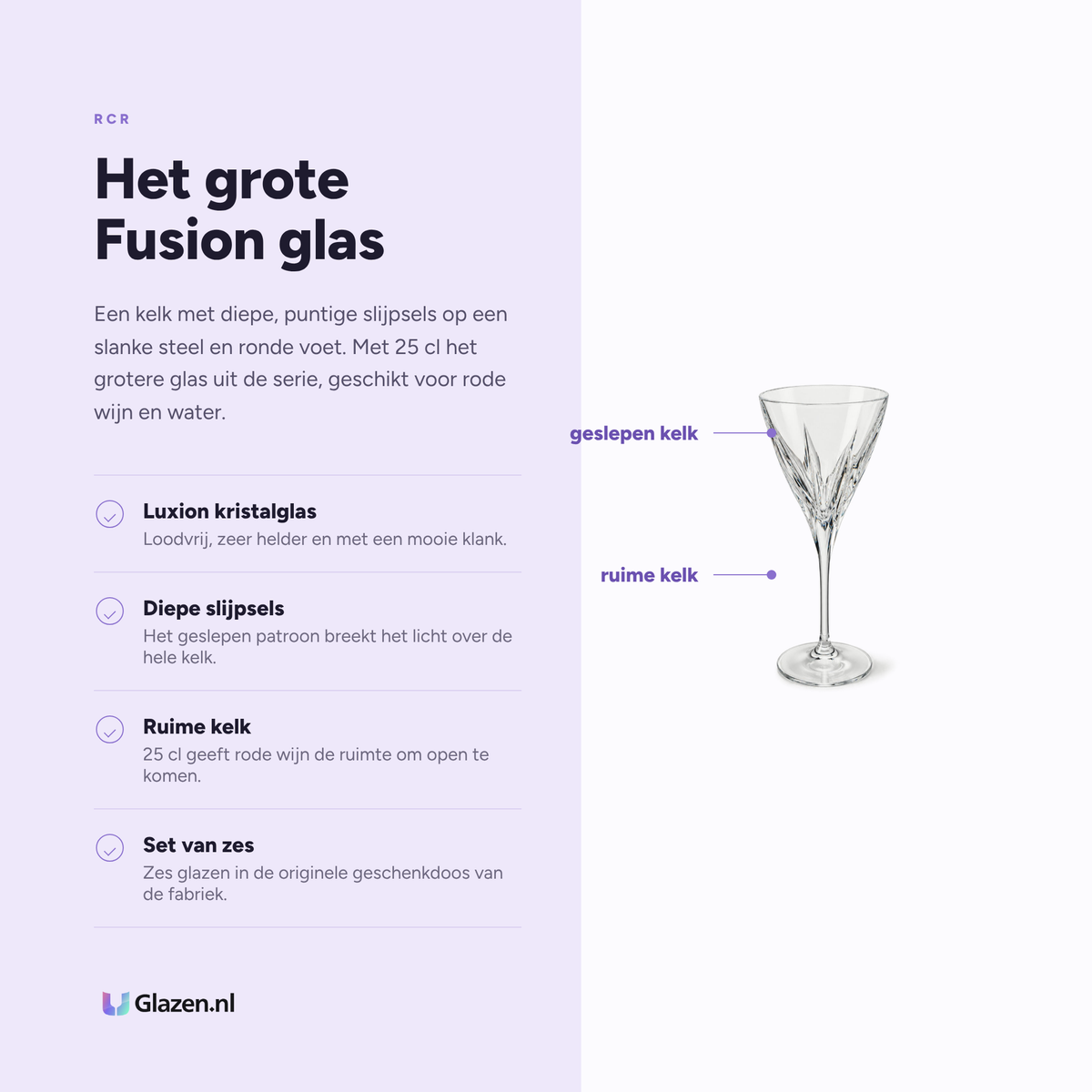 Infographic met de eigenschappen van RCR Fusion Wijnglas 25 cl Transparant - 6 Stuks