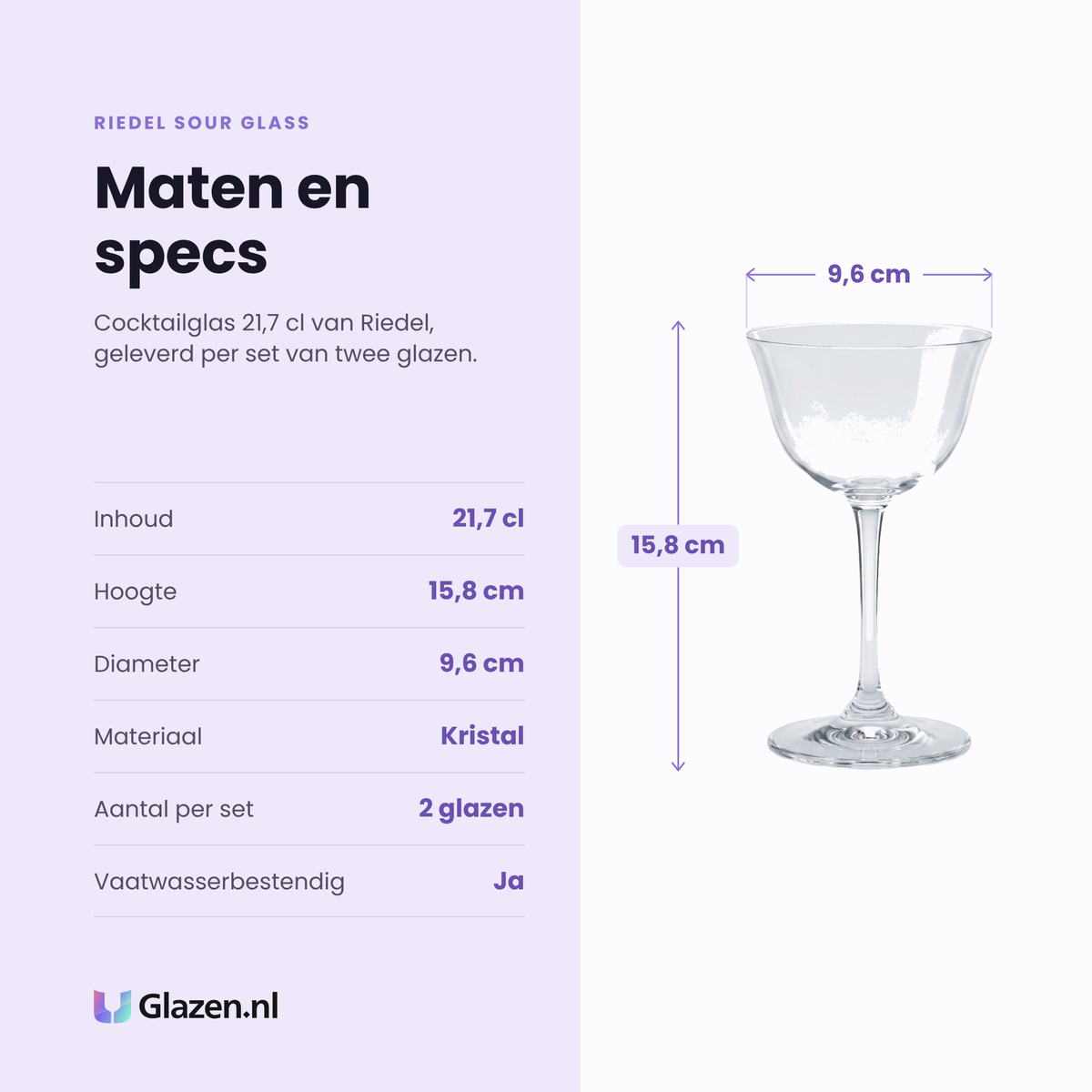 Riedel Sour Glass cocktailglas 21,7 cl specificaties: inhoud 21,7 cl, hoogte 15,8 cm, diameter 9,6 cm, kristal, set van 2