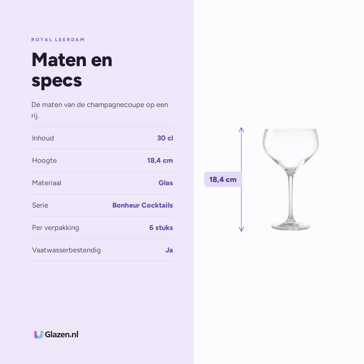 Maten en specificaties van de Royal Leerdam Bonheur Cocktails Champagnecoupe 30 Cl - 6 Stuks