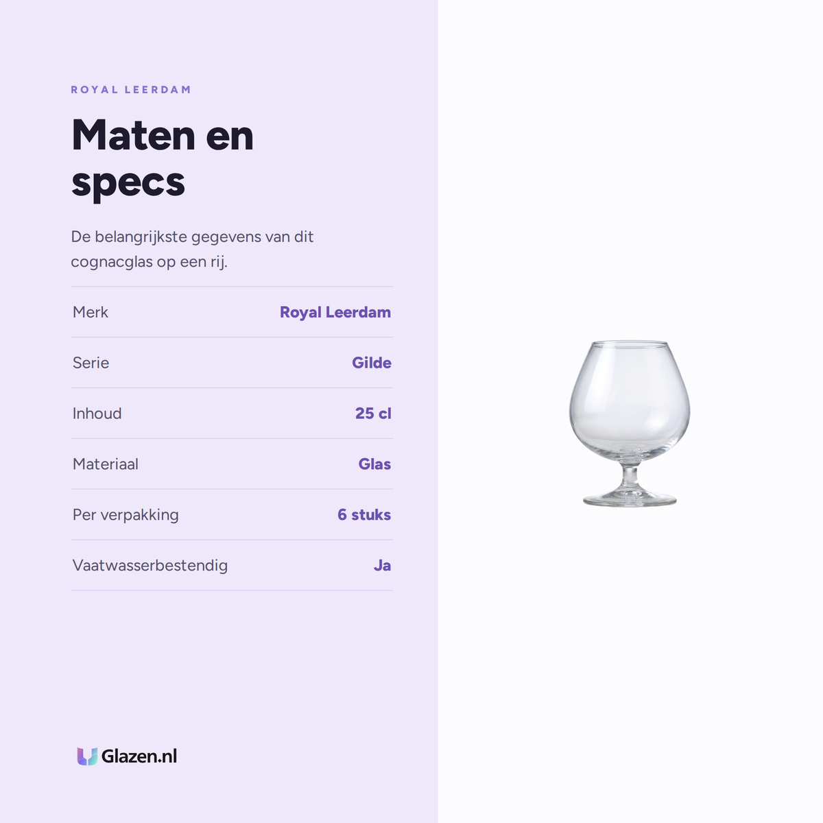 Maten en specificaties van de Royal Leerdam Gilde Cognacglas 25 Cl - 6 Stuks