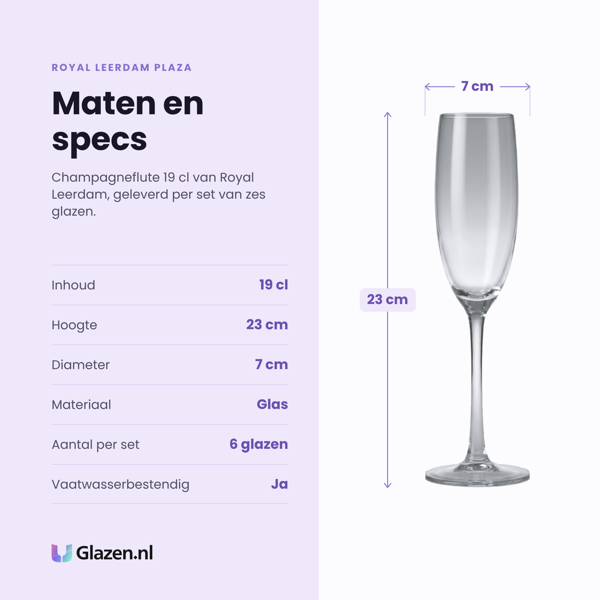 Royal Leerdam Plaza champagneflute 19 cl specificaties: inhoud 19 cl, hoogte 23 cm, diameter 7 cm, glas, set van 6