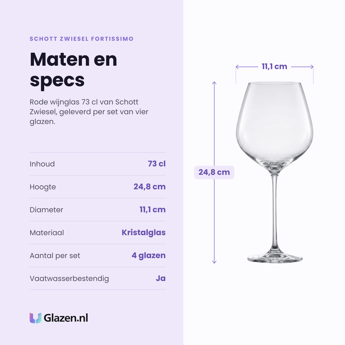 Schott Zwiesel Fortissimo rode wijnglas 73 cl specificaties: inhoud 73 cl, hoogte 24,8 cm, diameter 11,1 cm, kristalglas, set van 4
