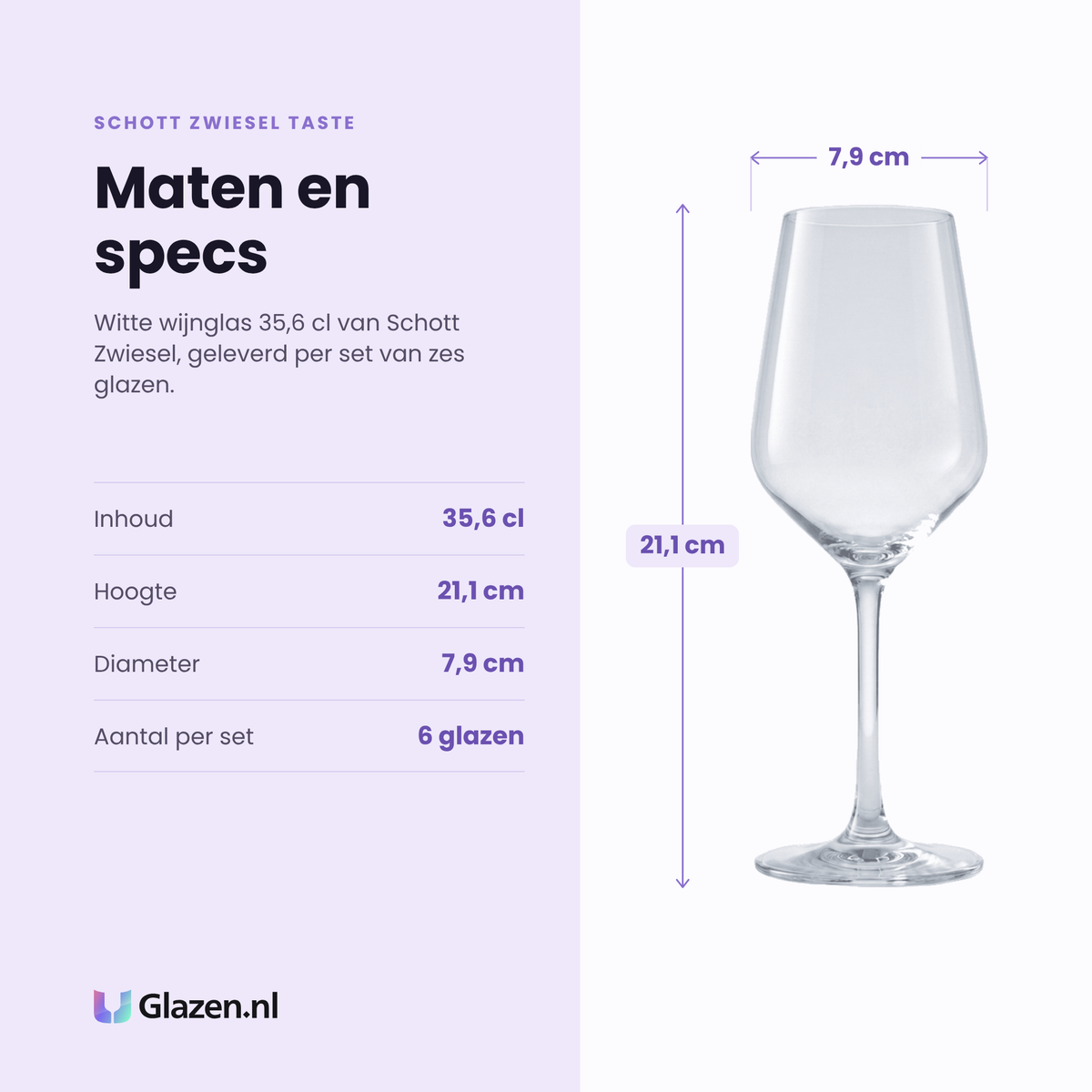 Schott Zwiesel Taste witte wijnglas 35,6 cl specificaties: inhoud 35,6 cl, hoogte 21,1 cm, diameter 7,9 cm, set van 6