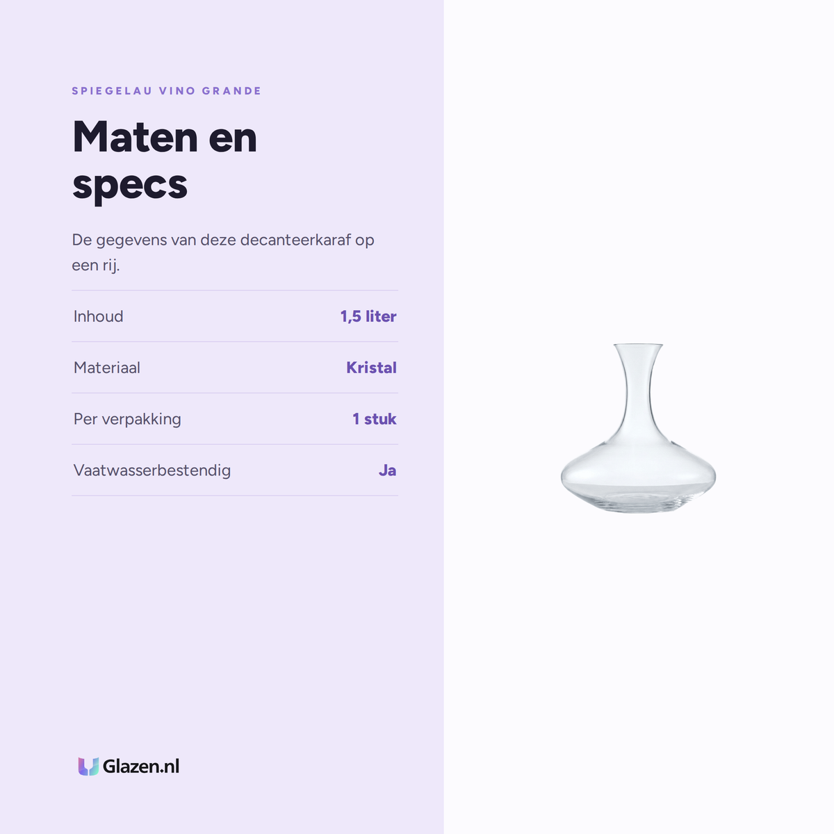 Spiegelau Vino Grande Decanteerkarafaraf 1,5 L specificaties: inhoud 1,5 liter, materiaal Kristal, per verpakking 1 stuk, vaatwasserbestendig Ja